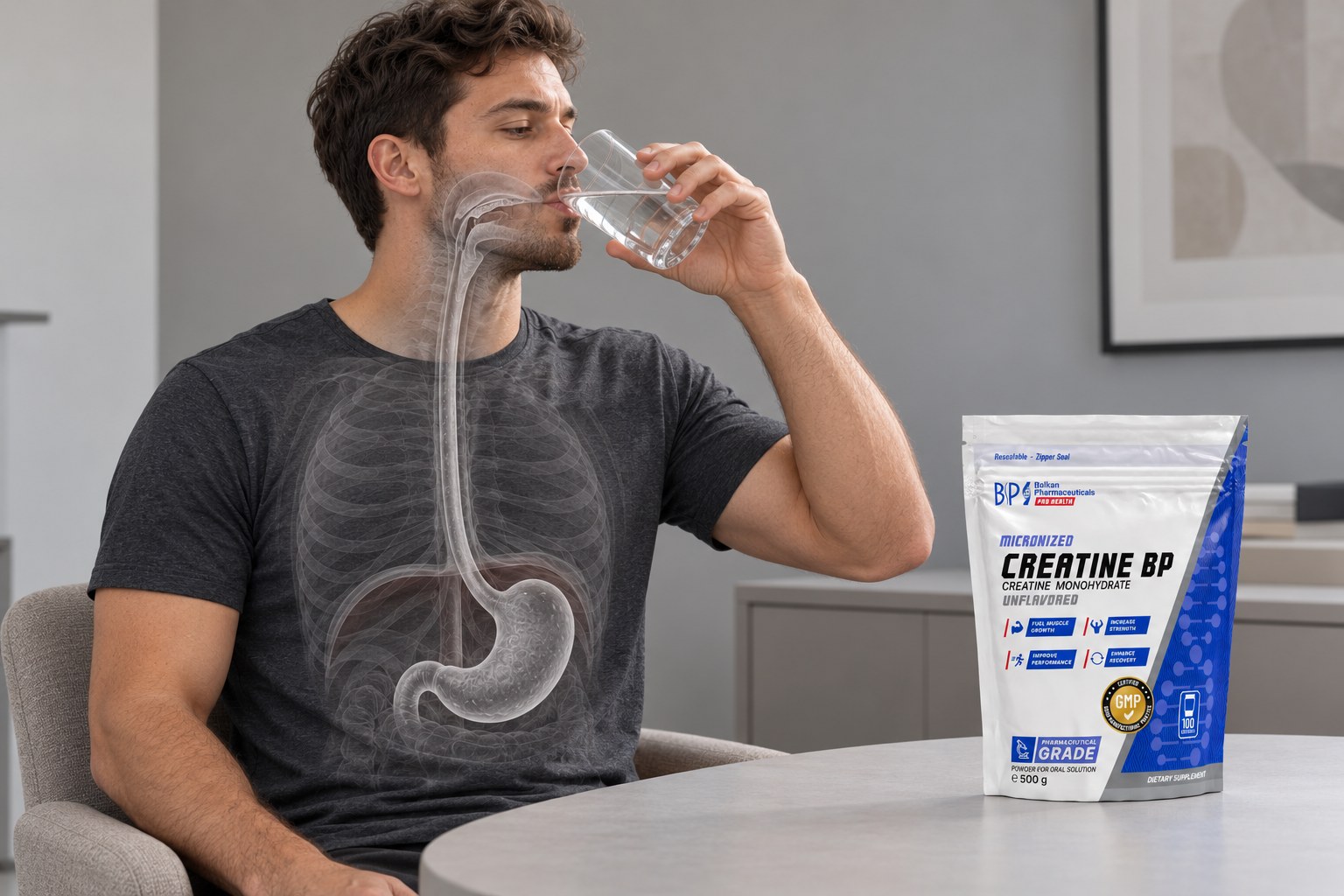 Conceptual cutaway of an adult drinking from a glass, showing the swallowing path through the esophagus to the stomach, with a Balkan Pharmaceuticals creatine pouch nearby.