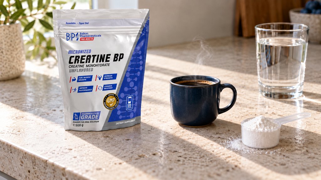 A Balkan Pharmaceuticals Creatine Unflavored pouch to the left of a navy coffee mug, with a scoop of white powder and a glass of water.
