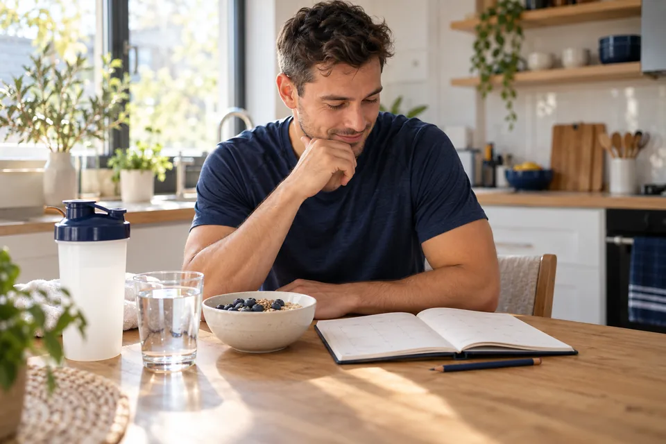 An adult building a simple daily supplement habit alongside breakfast at a bright kitchen counter.