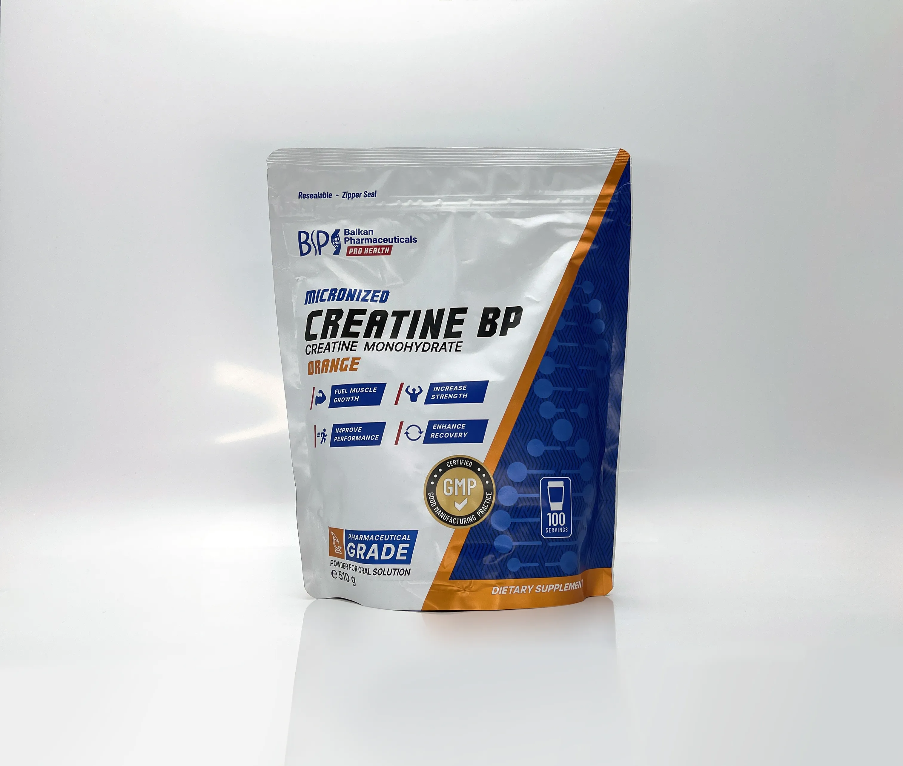 Official photograph of Balkan Pharmaceuticals Micronized Creatine BP Orange dietary supplement.