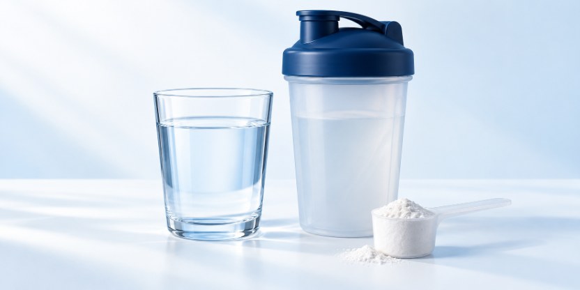 Synthetic editorial illustration of an unbranded water glass, shaker and scoop of white powder on a blue and white surface.