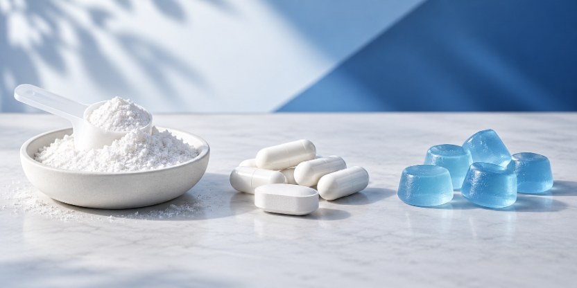 Synthetic editorial illustration showing loose powder, capsules and tablets, then gummies from left to right; quantities are not dose equivalents.