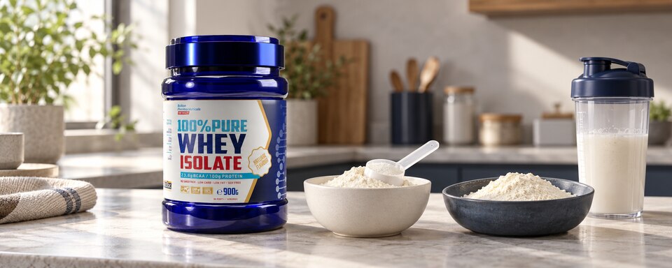 Balkan Pharmaceuticals whey isolate jar beside two bowls of protein powder and a shaker on a kitchen counter.