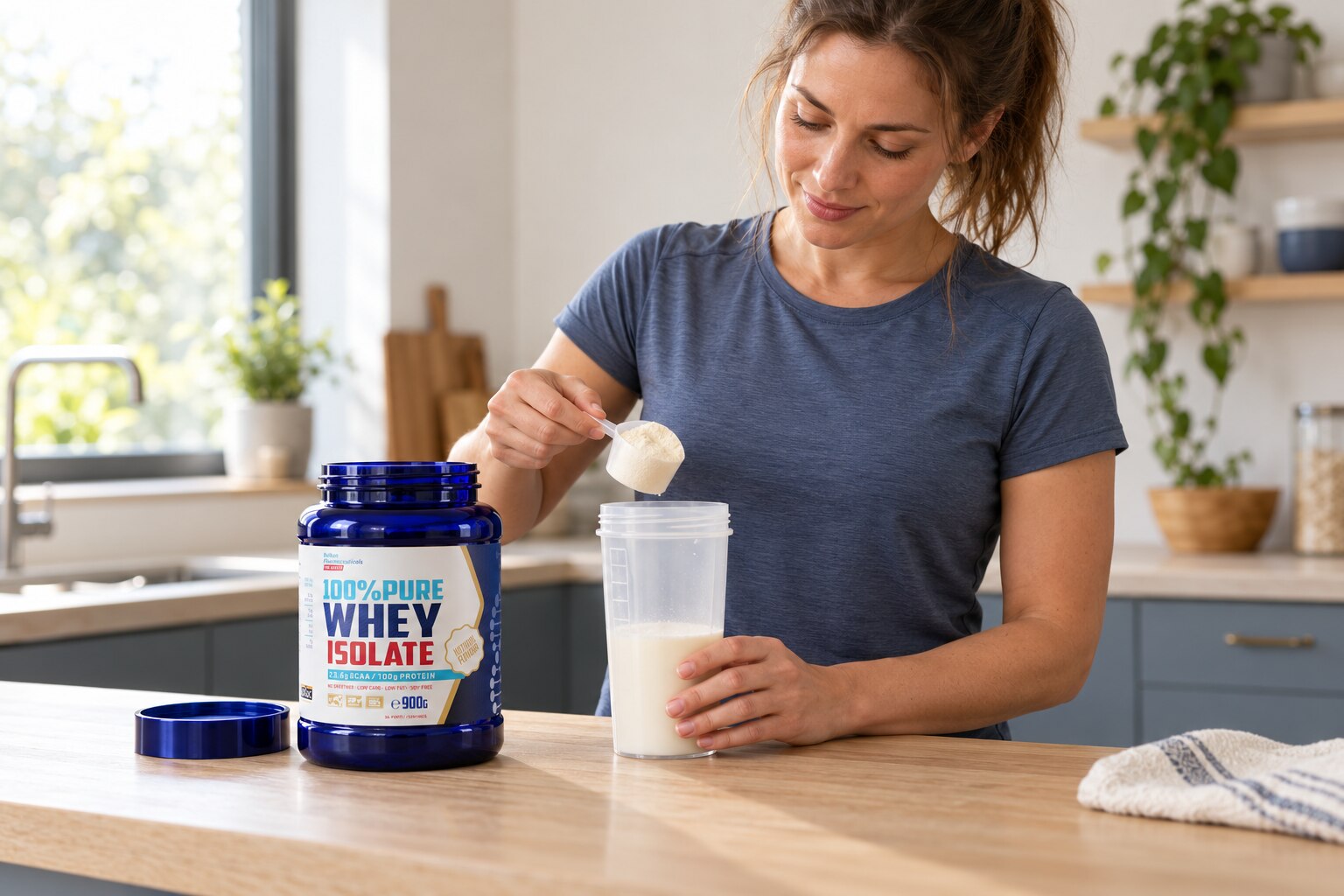 An adult preparing a protein drink with a scoop, shaker and Balkan Pharmaceuticals whey isolate jar.