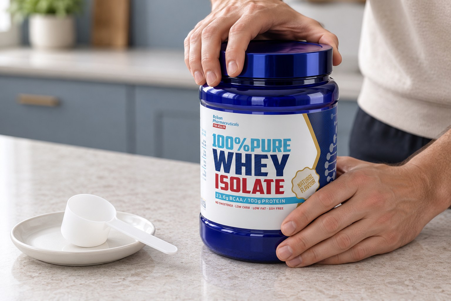 Hands securing the lid of a whey isolate jar beside a clean, dry scoop.