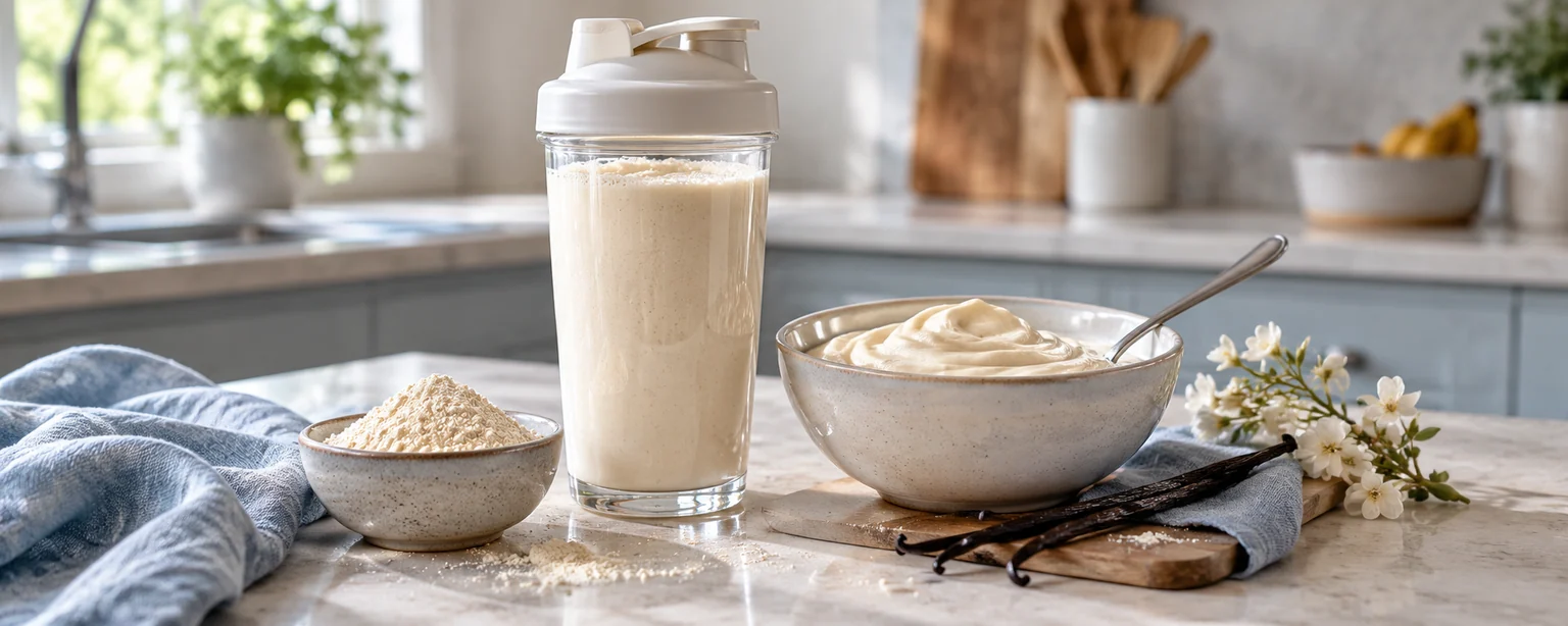 A protein shake, powder and a bowl of thick pudding on a kitchen counter